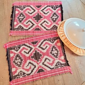 Vintage Bohemian Woven Bamboo Reed Placemats Set In Red, Black & White
